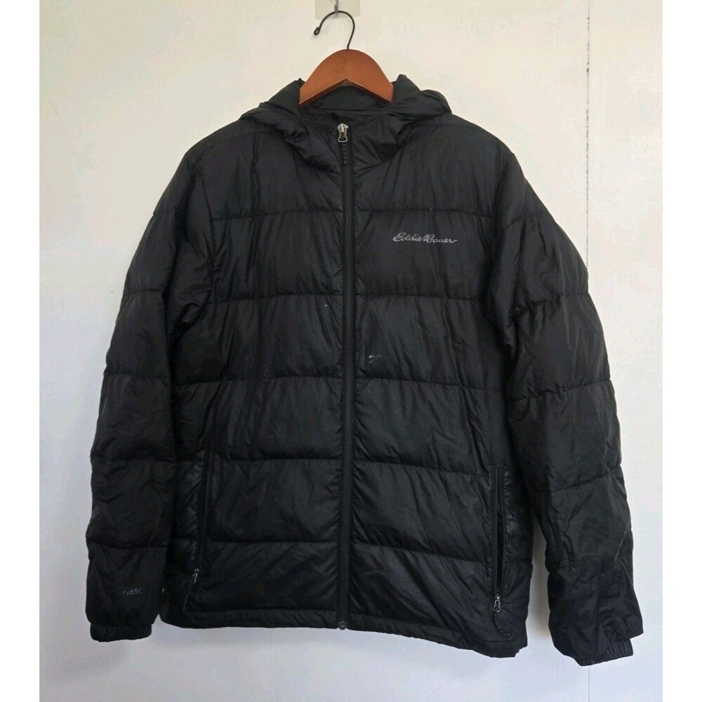 Eddie Bauer Jacket Mens M Puffer Black EB650 Down Wide Channel Hooded